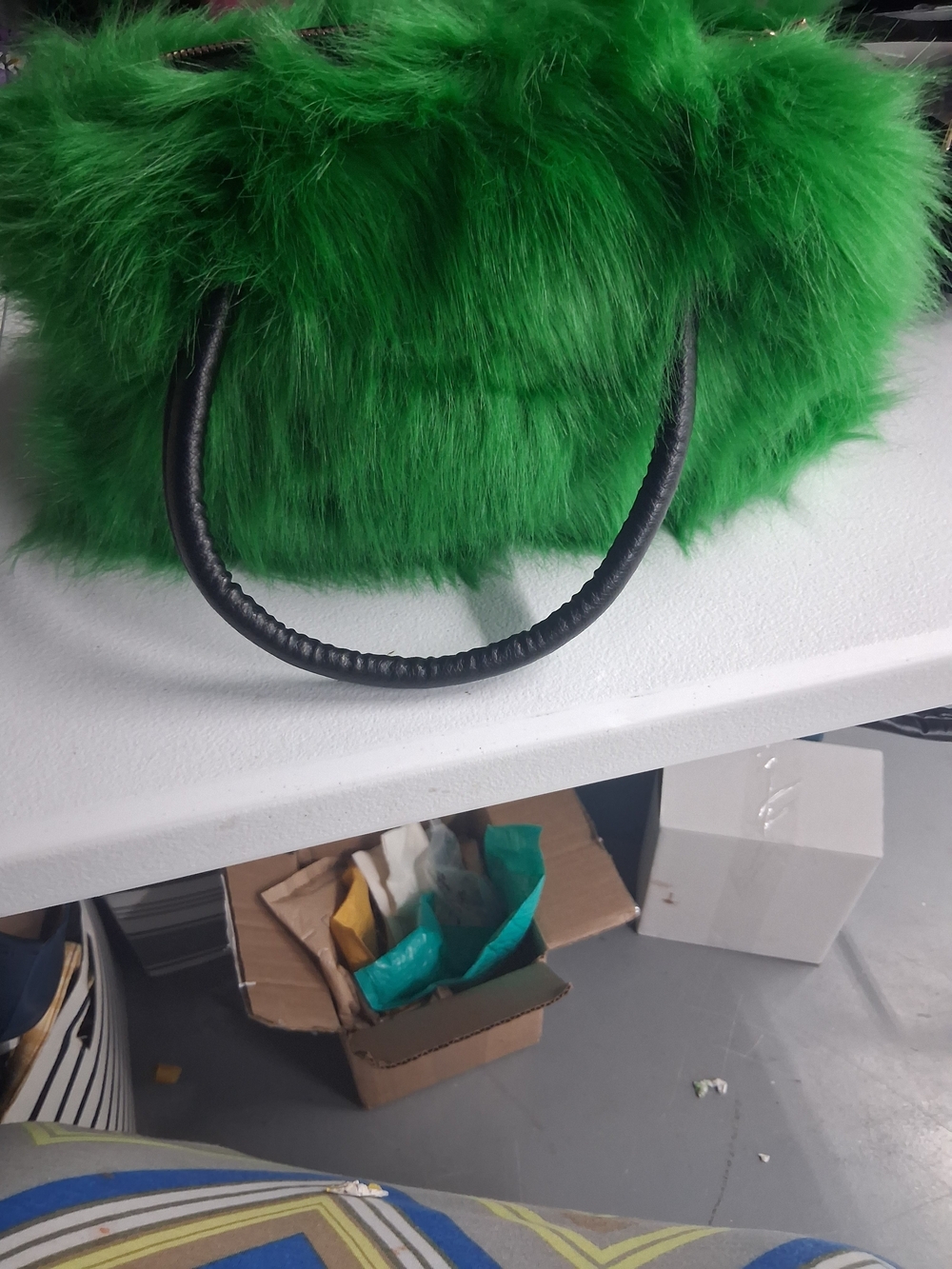 Green Faux Fur Handbag with Black Handles - Picture 3 of 7